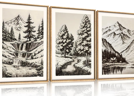 Vintage Sketch Pine Tree Mountain Framed Canvas Wall Art Set- 16"x24"x3