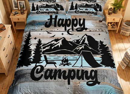 Rustic Farmhouse Style Comforter Cover Camping Themed Bedding Set for Boys Kids Teens Lodge Cabin Duvet Cover King Happy Glamping Trailer Camper Decor,Camfire Tent Retro Old Barn Door Room Decor