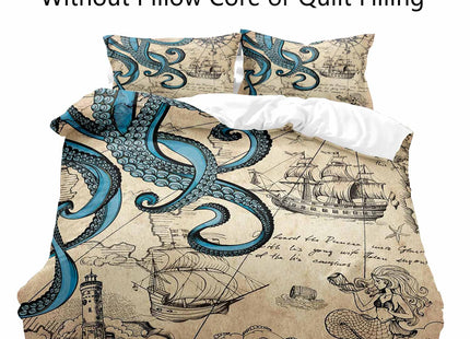 LUVIVIHOME 3PCS Ocean Octopus Duvet Cover Queen Bedding Sets, Nautical Coastal Sailboat Lighthouse Mermaid Teal Kraken Tentacles Marine Sea Animal Vintage Brown Comforter Quilt Cover, 2 Pillow Cases