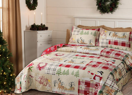 Lodge Style Ultra Lightweight Quilt Set King Size 96"x108", Striped 3 Piece Bedding Sets, Deer Snowflake Printed Rustic Bedspread Coverlet for Cabin Country Home Bedroom Decor,1 Quilt + 2 Pillow Shams