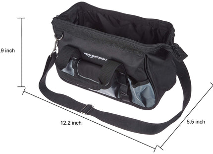 Amazon Basics Durable Wear-Resistant Tool Storage Bag with Adjustable Shoulder Strap, Portable Tool Organizer, 16 Pockets, 12 in, Black & Gray