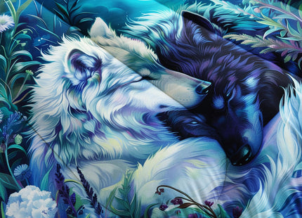 Nttopship Wolf Print Comforter Set King Size,White and Black Wolf in Flowers Bedding Set, Night Sky Forest Animals Printed Quilted Set for Girls Boys Adult,with 1 Comforter and 2 Pillow Case