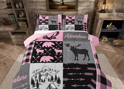 Christmas Rustic Camping Bedding Set For Boys, Hunting Elk Deer Comforter Set Full Buffalo Plaid Patchwork Duvet Insert Lodge Woodland Farmhouse Quilt For Kids Teens Adult Bedroom, Pink Black Grey