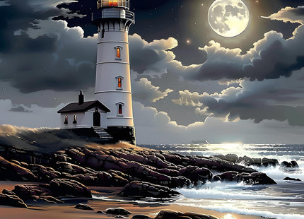 HEIBAGO Beach Landscape Diamond Art Kits for Adults, Lighthouse Diamond Painting Kits for Adults Beginners, 5D Full Drill Round Diamond Art Painting,DIY Diamond Dots for Adult for Home Decor 12x12 in