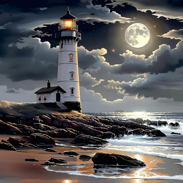 HEIBAGO Beach Landscape Diamond Art Kits for Adults, Lighthouse Diamond Painting Kits for Adults Beginners, 5D Full Drill Round Diamond Art Painting,DIY Diamond Dots for Adult for Home Decor 12x12 in