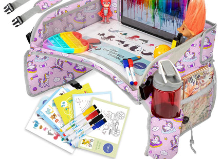 PILLANI Kids Travel Tray for Car - Carseat Tray for Toddler, Road Trip Must Haves with Cup Holder & Drawing Board - Toddler Airplane Travel Essentials for Girls - Car Accessories for Kids