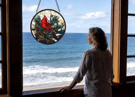 Funoasis Stained Glass Window Hanging 6.3 Inches Suncatcher - A Red Bird Stands On A Pine Tree Covered in Pinecones Ornaments Sun Catcher Home Decor Women Birthday