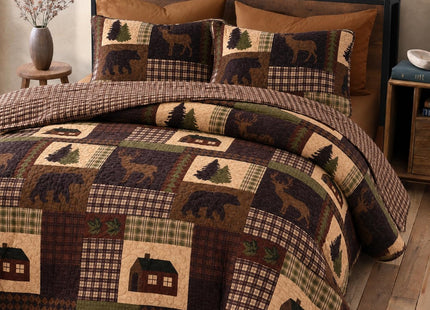 Rugs 4 Less Rustic Western Lodge Quilted Plaid Reversible Bedspread Set with Wildlife Imagery of Grizzly Bear Elk Buck and Pine Trees in Dark Brown - Alpine Trail (Full/Queen)
