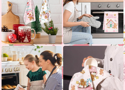 InIsaJace Pink Christmas Kitchen Towels, 6PCS Gingerbread Hand Tea Towels Set Xmas Housewarming Gifts, Candy Cane Kitchen Dish Clothes Bathroom Holiday Decor Supplies