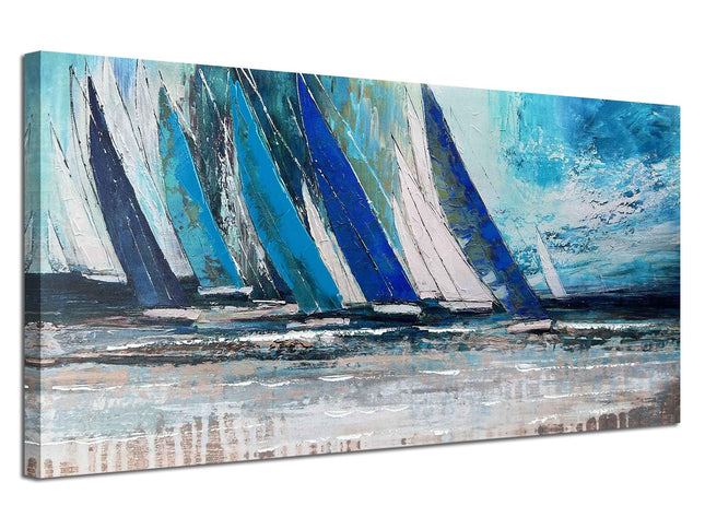 Arjun Blue Abstract Wall Art Canvas for Living Room, Nautical Art Wall Decor Teal Sailboat Textured Bedroom Picture Modern Coastal Painting Large Framed Artwork Home Office 40"x20"
