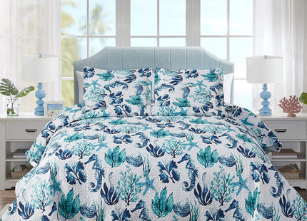 Hailea Beach Quilt Sets Full/Queen Size Ocean Theme Bedspread Coastal Bedding Set Blue Seahorse Starfish Shell Quilts Lightweight Reversible Bed Coverlet Soft Summer Bed Cover with 2 Pillowshams