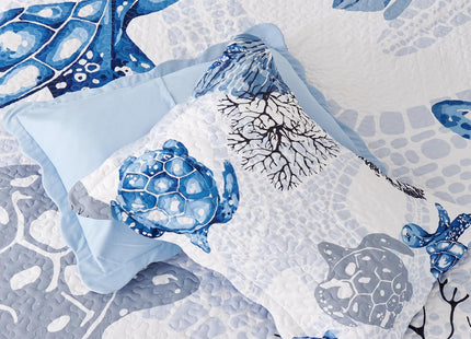 EVENHUG Coastal Quilt Set King Size Reversible Summer Ocean Beach Themed Bedding with Pillow Shams Lightweight Blue Nautical Coral Seahorse Bedspread Coverlet for All Season 3 Piece (106''x96'')