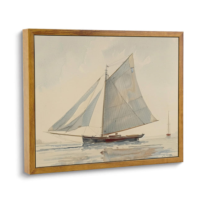 Vintage Framed Watercolor Nautical Coastal Sailboat Canvas Wall Art