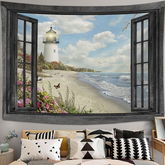 Baegopa Beach Tapestry Large Lighthouse Ocean Tapestry Wall Hanging for Bedroom Seascape Coastal Tapestries Wall Decor for Home Office Dorm Living Room 40"x60"