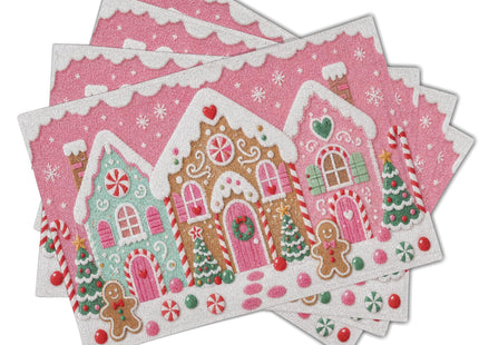 Christmas Gingerbread Placemats Set of 4 18x12 Inch Gingerbread House Xmas Tree Pink Linen Place Mats Heat-Resistant Wipeable Winter Holiday Table Mat for Party Kitchen Dining Room Dinner Table Decor