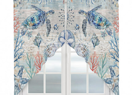 Ocean Sea Turtles Nautical Swag Valances for Windows Rod Pocket Kitchen Window Curtains Over Sink, Rustic Wood Beach Kitchen Curtains Sets, Swag Curtains Valance for Living Room, 28"x36" Set of 2