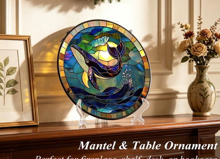 8 Inch Stained Glass Window Hanging Whale Sun Catcher with Display Stand – Mantel or Tabletop Decor for Living Room, Kids Room, Coastal Home, Ocean Marine Life Gift for Beach Lovers Nature Enthusiasts
