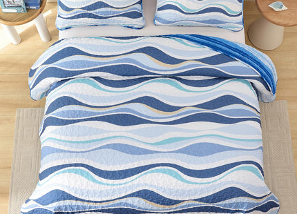 DJY Coastal Quilt King Size, 3 Pcs Ocean Blue Theme Bedspread Bedding Set