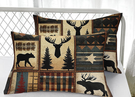 AILONEN Deer Hunting Fitted Sheet Set Twin XL Size,Rustic Cabin Bedding Sets,Black Bear & Deer Antler Plaid Fitted Sheet with 2 Pillowcases,3 Pieces