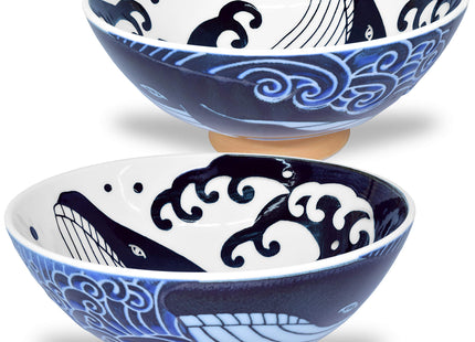 Mino Ware Japanese Rice Bowl, Rice Ramen Noodle Soup Sarada Pasta, Wave Whale Chawn, 5.7 inch 17.5oz Set of 2