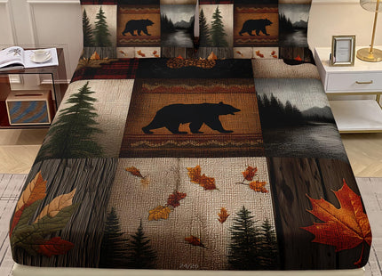 AILONEN Rustic Bear Fitted Sheet Set Twin XL Size,Cabin Plaid Hunting Bear Fitted Sheet with 2 Pillowcases,3 Pieces Wildlife Woodland Themed for Room Decor