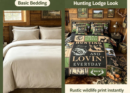 Feelyou Big Pike Fish 7 Pieces Bed in a Bag Set Deer 7 PCS Comforter Set with Sheets for Kids Boys Girls Fish and Hunt Comforter Set with Sheets Antlers Fish Fishing Rod Bed in a Bag