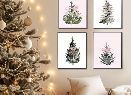 foedor Pink Christmas Pine Tree Wall Art Decor, 8x10 Set of 4
