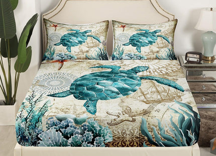 Erosebridal Ocean Beach Sea Turtle Sheet Set,Children Teens Retro Tortoise Bed Sheet Hawaiian Reptile Turtle Printed Bed Set with Fitted Flat Sheet,2 Pillowcases,Queen