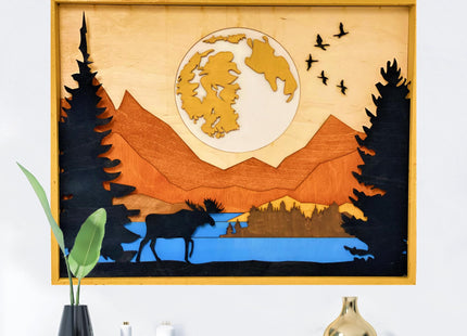 ImprovingLife Wall Art Décor Moose in the Forest Ladscape Wood Sculpture 3D effect