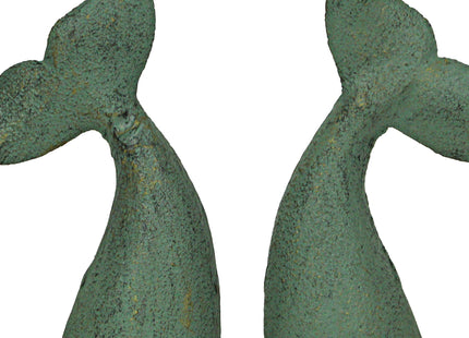 Set of 2 Whale Tail Decorative Bookends, 6.5 Inch Verdigris Green Cast Iron
