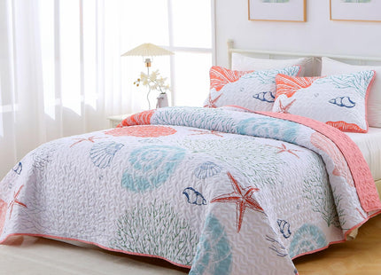 Heymybed Coastal Quilt Set King Size Beach Coverlet Pink Starfish Coral Seashell Bedspread Ocean Beach Themed Bed Cover Microfiber Soft Lightweight Bedding Sets for All Seasons (106"×92")