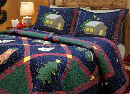 Cozy Line Home Fashions Christmas True Patchwork Navy Silent Night Starry Sky Cabin Reversible Quilt Bedding Set, Coverlet, Bedspread (Christmas Night, Twin - 2 Piece)
