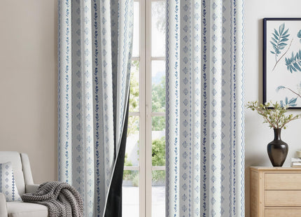 NICETOWN 100% Blackout Boho Curtains for Bedroom 2 Panels, W52 x L84 in, Coastal Rustic Floral Indigo Zigzag Patterned Thermal Insulated Drapes for Beach House, Bohemian Full Light Blocking Shades