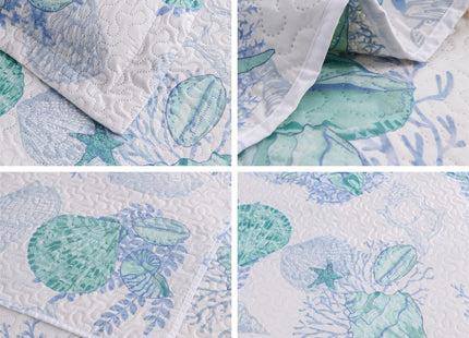 Oliven 3 Pcs Blue Green Coastal Quilt King Size Lightweight Summer Beach Bedspread Ocean Theme Conch Shell Bedding Soft Seashell Seaweed Starfish Coverlet Set Seaside Home Decor