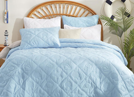 EVENHUG Coastal Quilt Set Twin Size Reversible Summer Ocean Beach Themed Bedding with Pillow Shams Lightweight Blue Nautical Coral Seahorse Bedspread Coverlet for All Season 2 Piece (68''x86'')