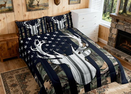 Rustic Deer Boys Bedding Set Queen Size,Deer Antlers Wild Animal Hunting Comforter Set,Army Green Camo Comforter Stars Stripes USA Flag Quilt with 2 Pillowcases, Camping Theme RV Cabin Lodge Decor