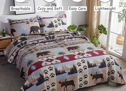 Rustic Quilt Queen/Full Size, Lodge Cabin Bedding Set Moose Bear Bedspread Coverlet Stitched Bedcover Wildlife Printed Bed Set Woodland Patchwork Plaid Quilted Bed Cover Country Decor(90"x 90")