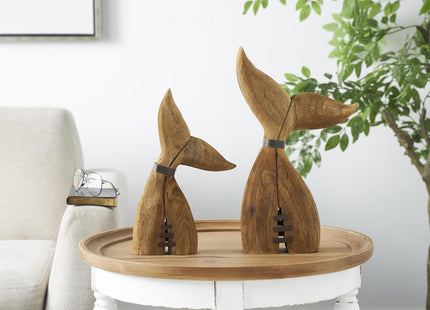 Deco 79 Wood Whale Handmade Decorative Sculpture Tail Home Decor Statues with Metal Band Accents, Set of 2 Accent Figurines 17", 13"H, Brown