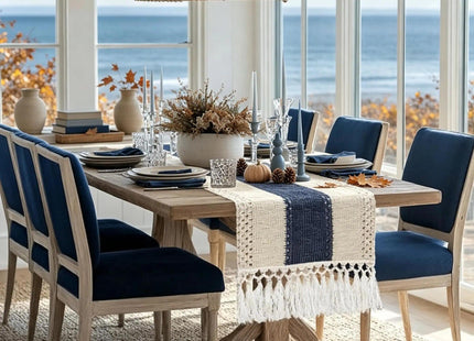 yuboo Table Runner 72 Inches Long, Blue and White Table Runner - Farmhouse Coastal Boho Macrame Dresser Runners for Bedroom, Dining & Coffee Table with Tassels