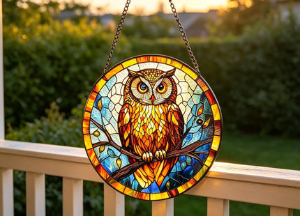 Stained Glass Owl Suncatcher, 7.8’’ Bird Window Hanging Gift for owl Lovers