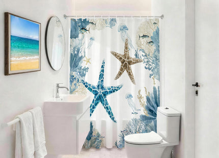 Blue Beach Shower Curtain for Bathroom, Ocean Coastal Theme, 72x72 In