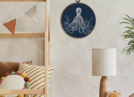 XNXLDYLH Moody Coastal Navy Blue Octopus Goth Round Framed Wall Art Decor