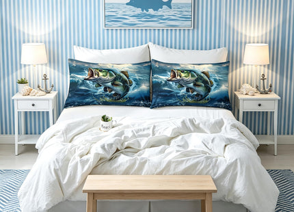 Feelyou Pike Fish Bedding Set Queen Size Bass Big Fish Comforter Set for Kids Boys Girls Decor Fishing and Hunting Comforter Ocean Theme Duvet Set