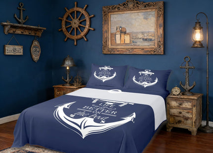 Castle Fairy Nautical Anchor Bed Sheet Set King Size,Boat Life Themed Art Anchor Print Deep Pocket Fitted Sheet,1 Flat,2 Pillowcases,Blue Ocean Themed Navy Bed Mattress Cover, Bedroom Decor