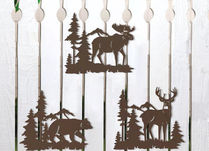 WAIU Set of 3 Brown Metal Deer Bear Moose Pine Tree Wall Decor 9.3 Inch, Rustic Cabin Indoor Outdoor Hanging Ornament
