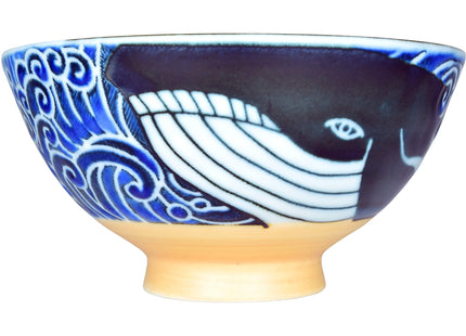 Mino Ware Japanese Rice Bowl, Rice Ramen Noodle Soup Sarada Pasta, Wave Whale Chawn, 4.6 inch 10oz