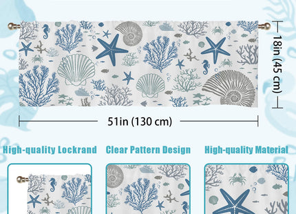 SIOQCKIS Coastal Valances for Windows, Summer Nautical Valances for Windows, Blue Seaside Valance Curtains Ocean Starfish Shell Kitchen Window Decor Conch Coral Living Room Bedroom Bathroom 51x18in