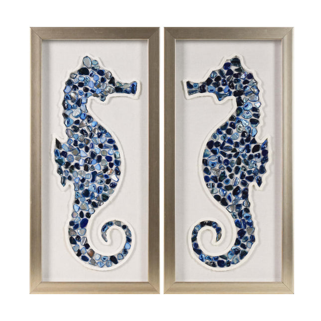 American Art Decor Sea Glass Shadowbox Set - 2-pc Coastal Blue Seahorse Seashell Wall Art, Champagne Frame on Off-White Linen - Coastal Wall Decor for Living Room Bedroom Bathroom Office