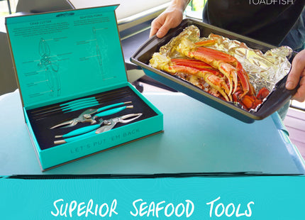 Toadfish Crab & Lobster Seafood Tool Set - 2 Shell Crackers With Cutters & 4 Multi-Use Forks - Non-Slip Grips - Stainless Steel - Built-In Bottle Opener - Makes A Beautiful Gift