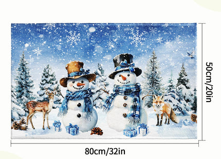 Evlaschin Blue Snowman Bath Rug Winter Forest Deer Fox Wildlife Bathroom Mats Xmas Pine Trees Snowflakes Presents Non-Slip Bathroom Rugs 32x20Inch for Shower Room Bathtub Kitchen Sink Decor
